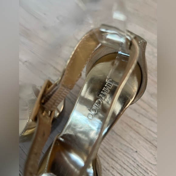 Jimmy Choo Gold shoes Patent Leather Cork Wedge T Strap Sandals Size 36 USA 6 - Picture 9 of 16